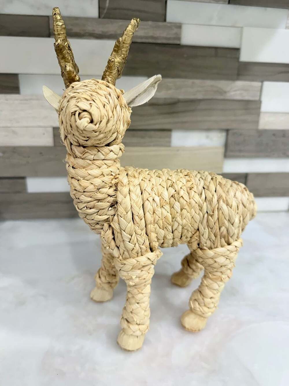 Woven Straw Reindeer Figurine With Gold Horns